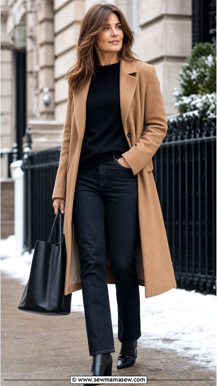 Camel Coat with Dark Straight Leg Jeans - 25 straight leg jeans outfits for women over 40