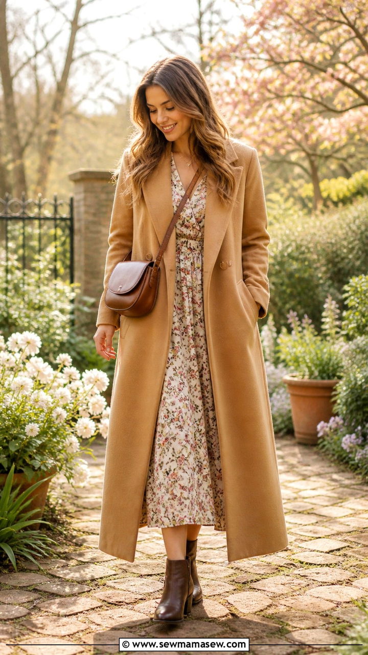 Camel Coat with Floral Midi Dress and Ankle Boots - 40 Camel outfit ideas