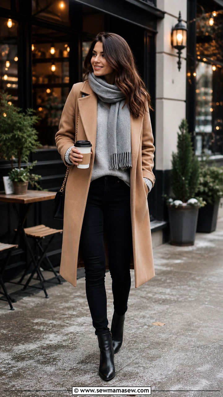 Camel Coat with Grey Cashmere Sweater and Black Jeans - 40 Camel outfit ideas