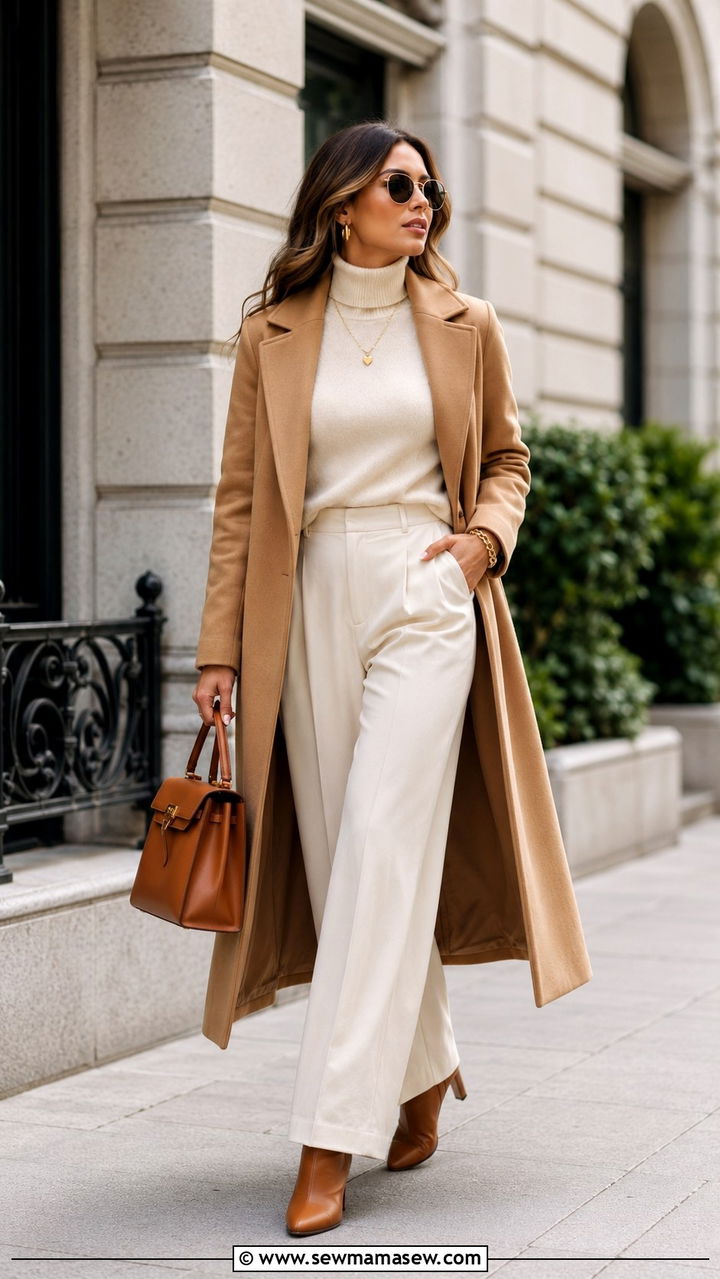 Camel Coat with Ivory Knit and Trousers - 25 Rich aunt outfit ideas