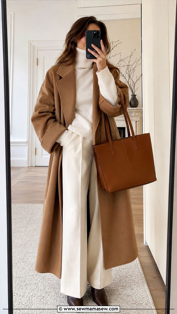 Camel Coat with Ivory Turtleneck and Wide Leg Trousers - 20 Quiet luxury outfit ideas Brunello Cucinelli style