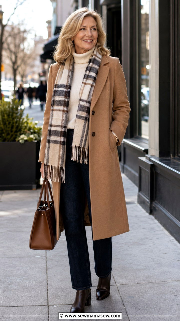 Camel Coat with Jeans and Ankle Boots - 25 What to wear to brunch over 50