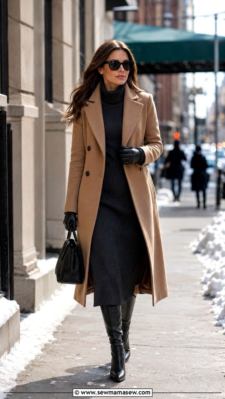 Camel Coat with Knit Dress and Knee High Boots - 20 Financial advisor outfit ideas