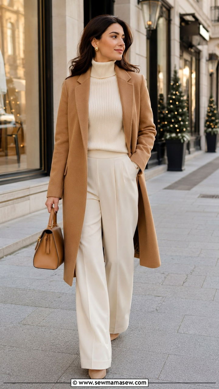 Camel Coat with Monochrome Cream Base - 30 classy errands outfits