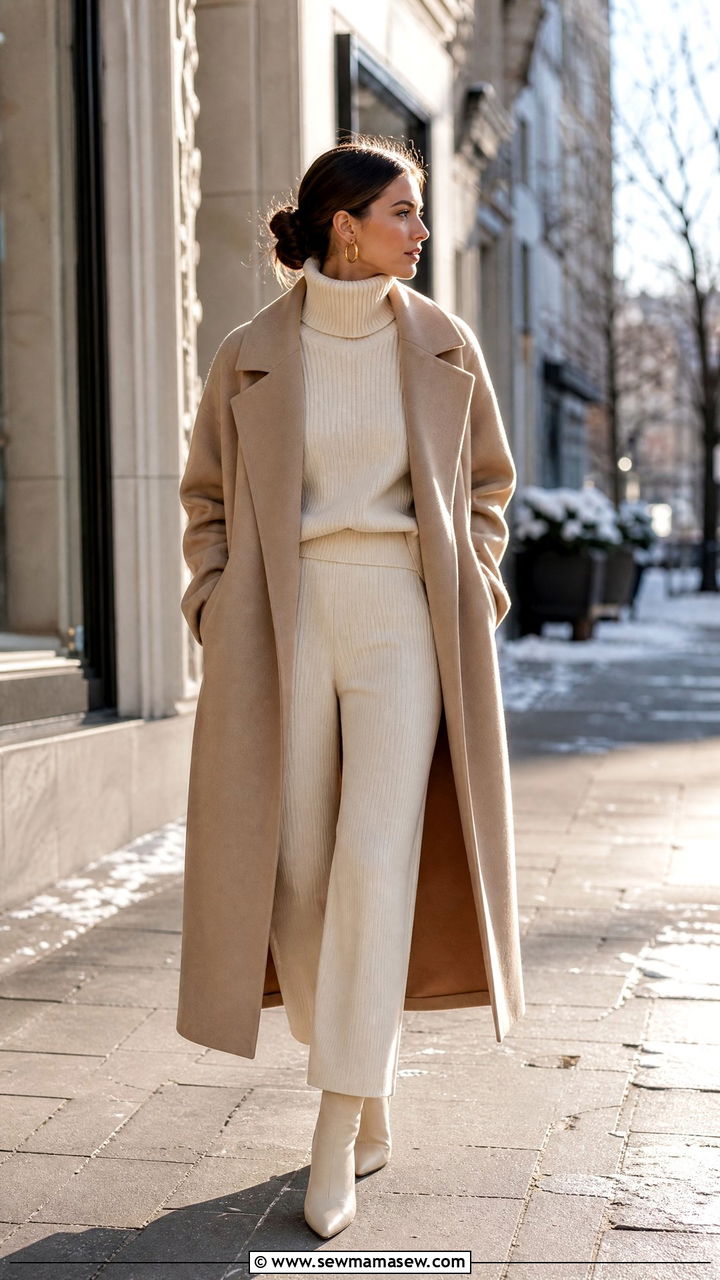 Camel Coat with Monochrome Knit Set - 30 clean girl outfits aesthetic