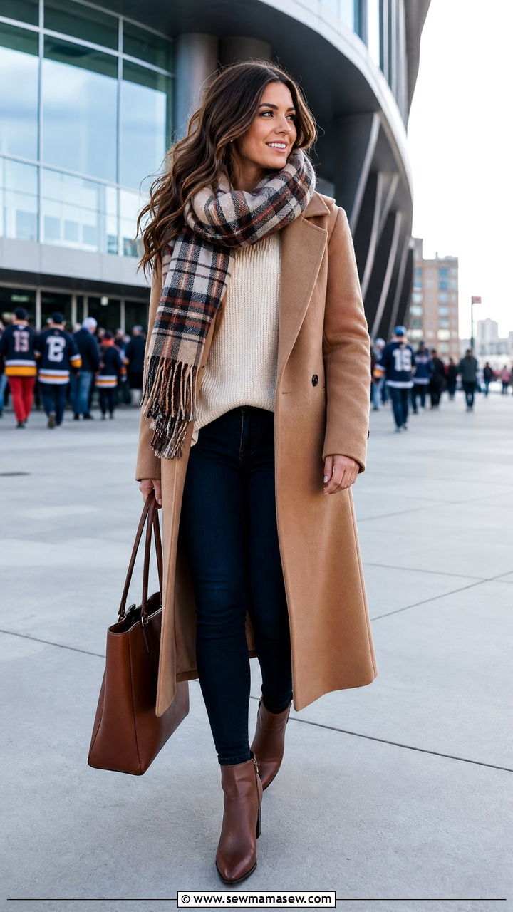 Camel Coat with Plaid Scarf and Ankle Boots - 25 Hockey game outfit ideas