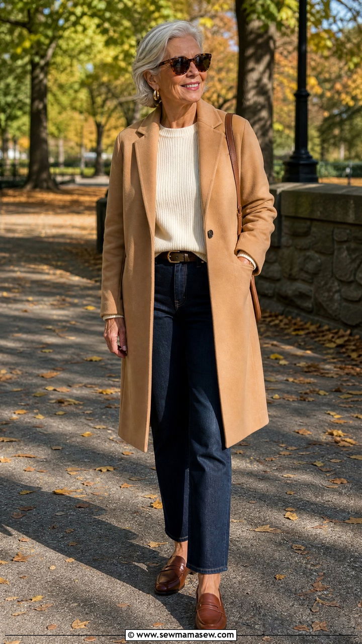 Camel Coat with Straight Leg Jeans and Loafers - 35 Jeans outfit ideas for women over 60