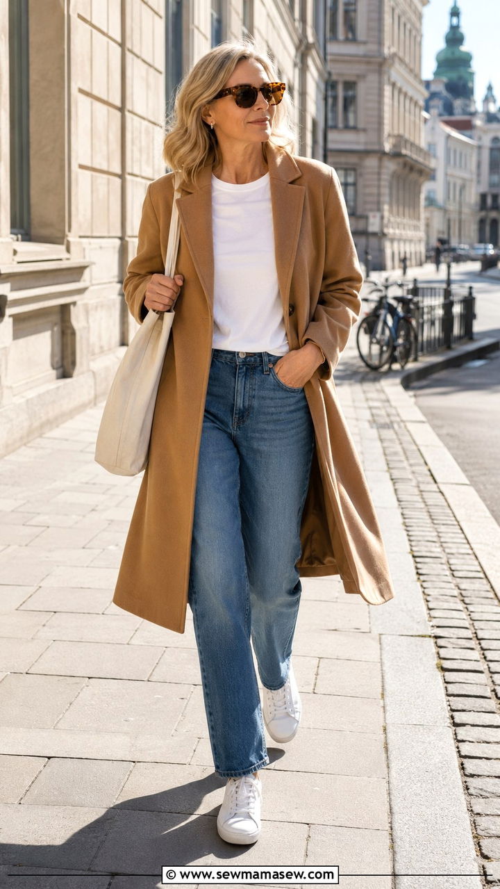 Camel Coat with Straight Leg Jeans and White Sneakers - 30 scandinavian outfit ideas for women over 40