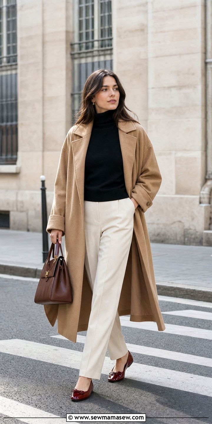 Camel Coat with Straight Leg Trousers and Ballet Flats - 25 spring model off duty outfit ideas