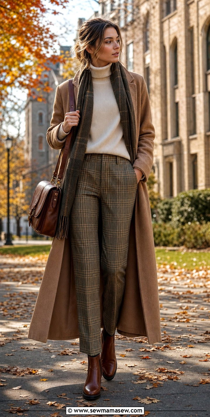 Camel Coat with Turtleneck and Plaid Pants - 25 cute light academia outfits