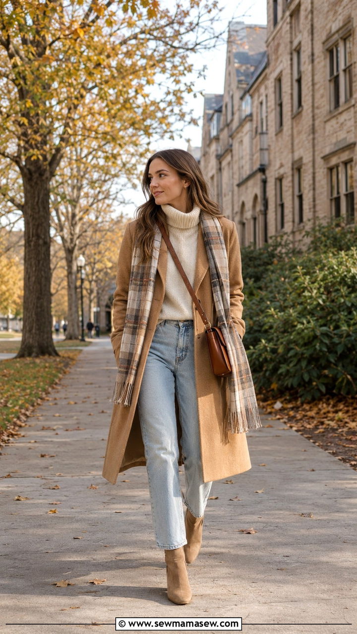 Camel Coat with Turtleneck and Straight Leg Jeans - 30 light academia outfits to copy