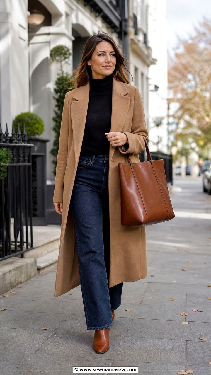 Camel Coat with Turtleneck and Straight Leg Jeans - 30 Marketing manager outfit ideas