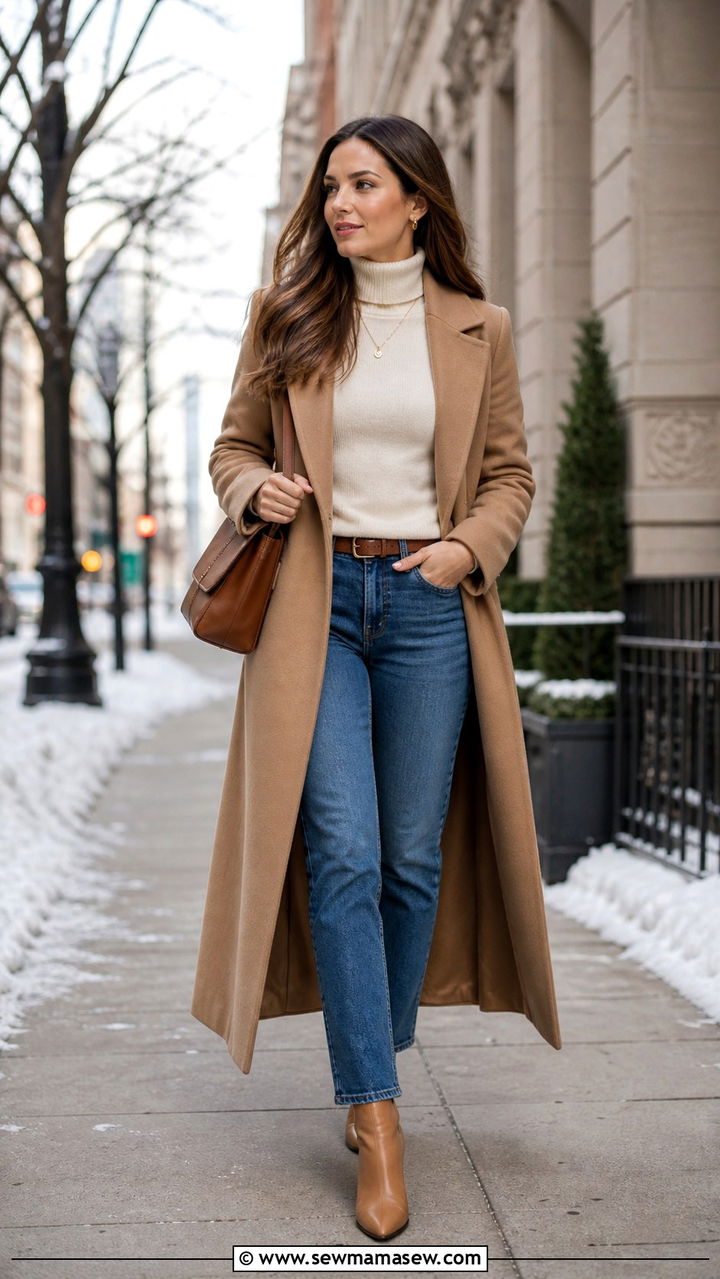 Camel Coat with Turtleneck and Straight Leg Jeans - 40 clean girl outfits