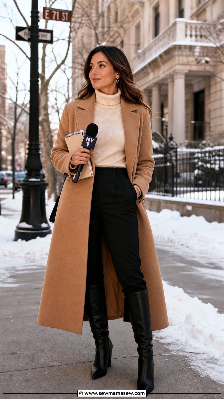 Camel Coat with Turtleneck and Trousers - 25 Journalist outfit ideas