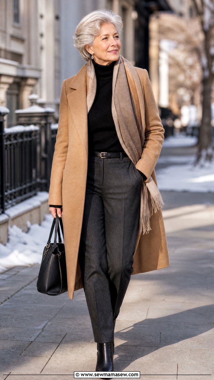Camel Coat with Turtleneck and Winter Trousers - 20 Iconic outfits for women over 60