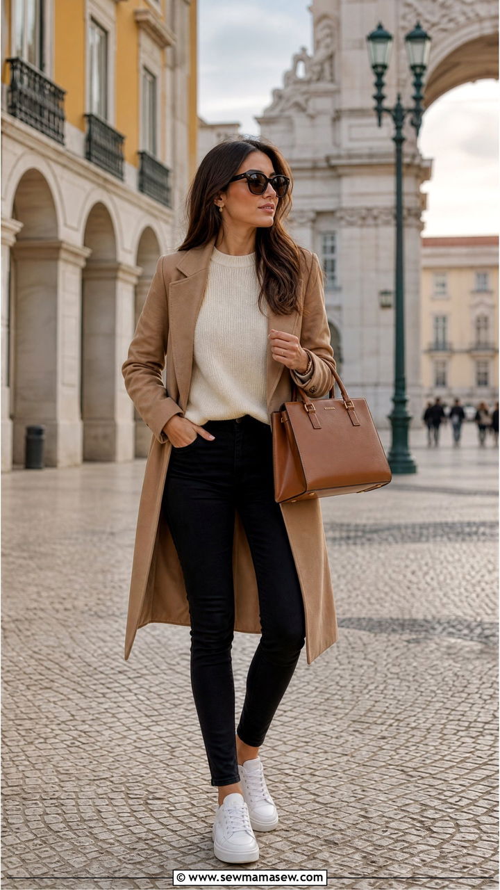 Camel Coat with White Sweater and Black Jeans - 35 Lisbon vacation outfit ideas