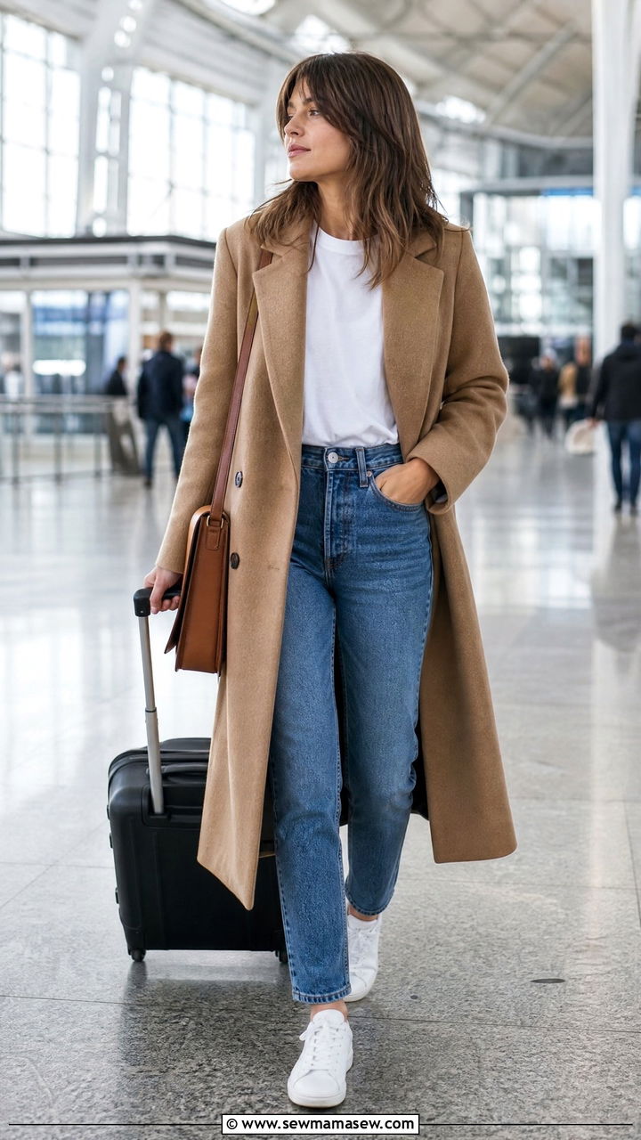 Camel Coat with White Tee and Straight Jeans - 30 French girl outfit ideas minimalist