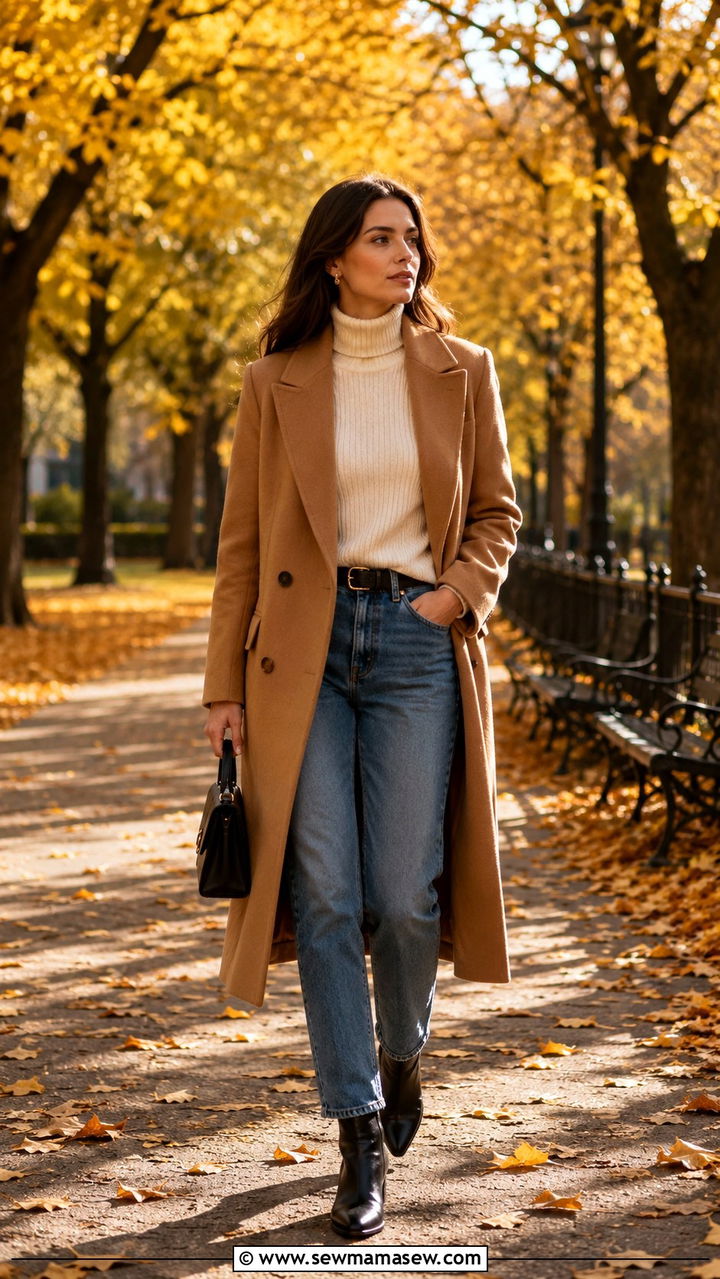 Camel Coat with White Turtleneck and Straight Leg Jeans - 25 Old money outfit ideas affordable