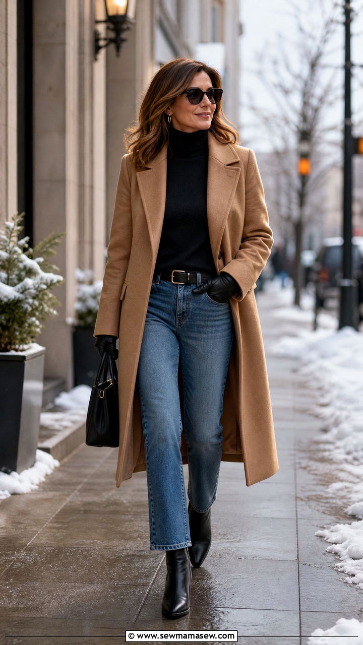 Camel Coat with a Turtleneck and Straight Leg Jeans - 25 How to dress in your 40s