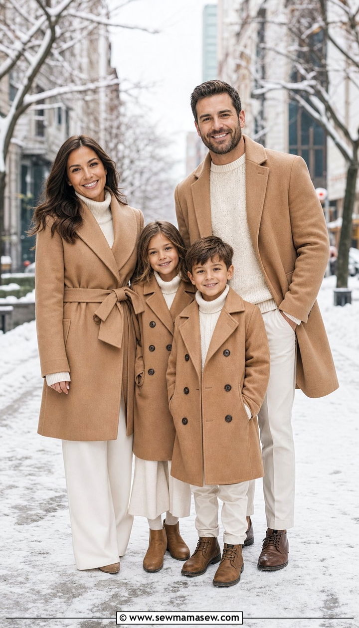 Camel Coats and Cream Sweaters Winter Family Outfit - 25 cute family photo outfits