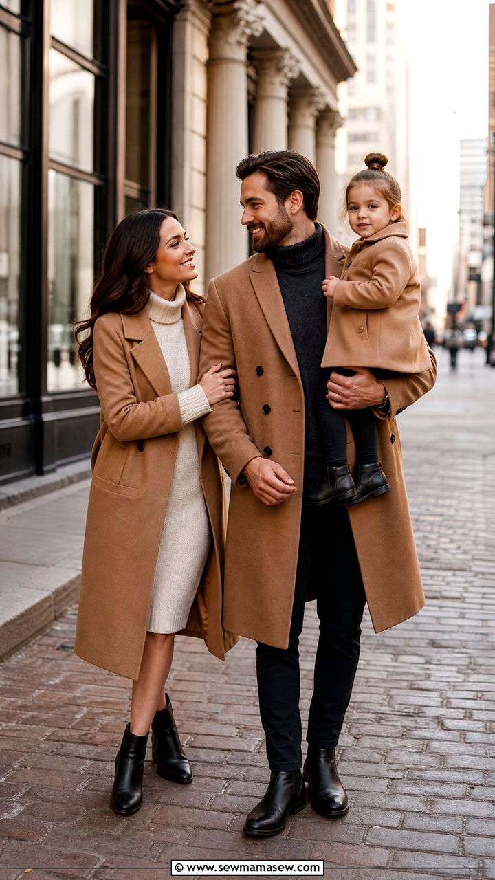Camel Coats and Sweater Dresses for Winter City Photoshoots - 30 Family photoshoot outfit ideas