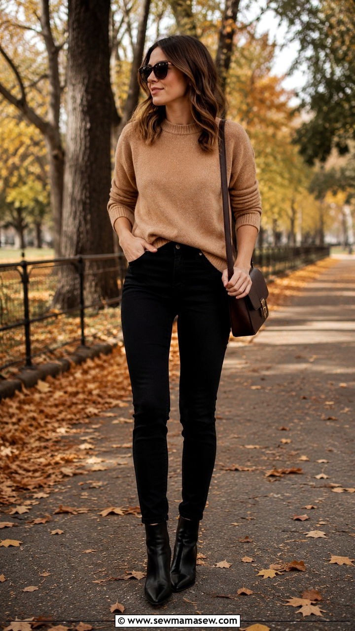 Camel Crewneck Sweater and Black Jeans Outfit - 30 casual parisian outfits