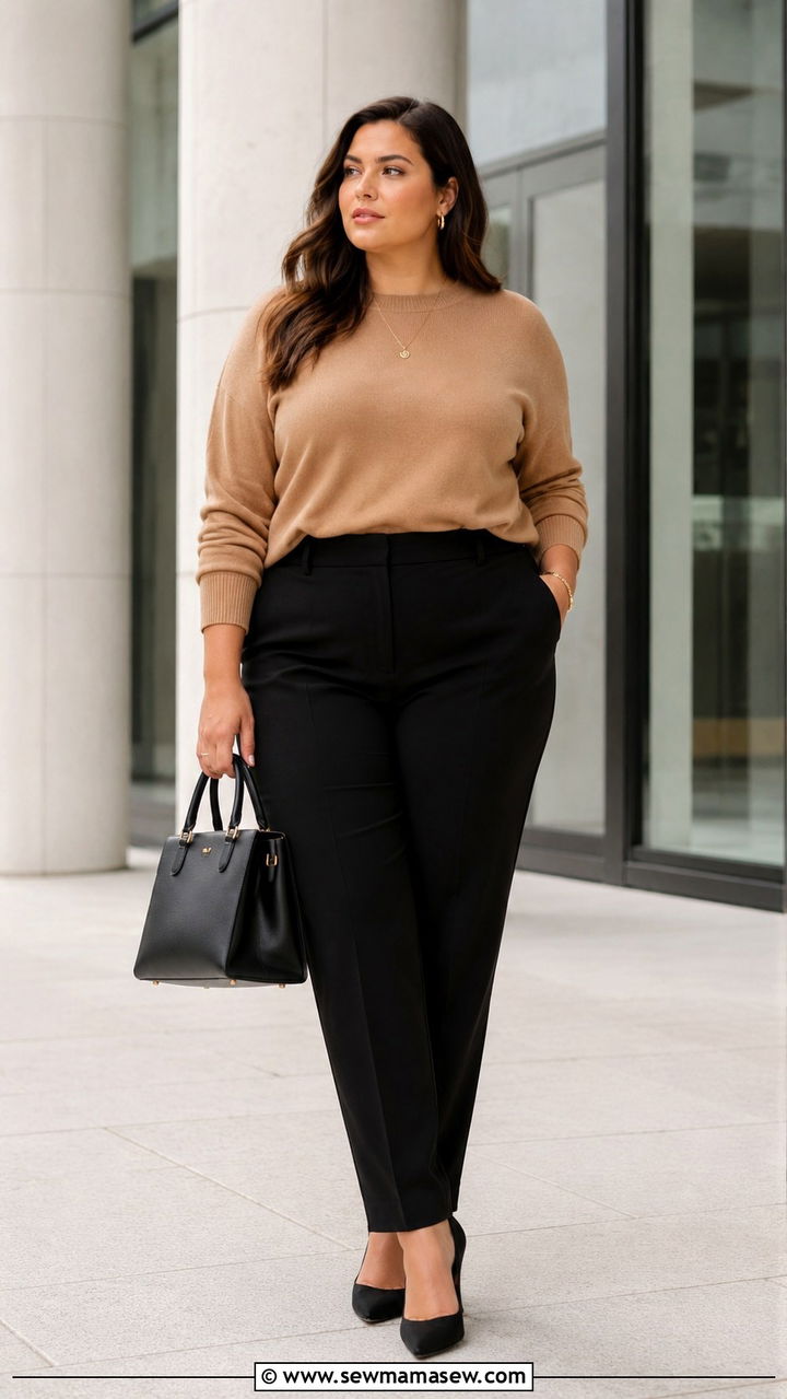 Camel Crewneck Sweater and Black Tailored Trousers Outfit - 30 Minimalist outfit ideas plus size