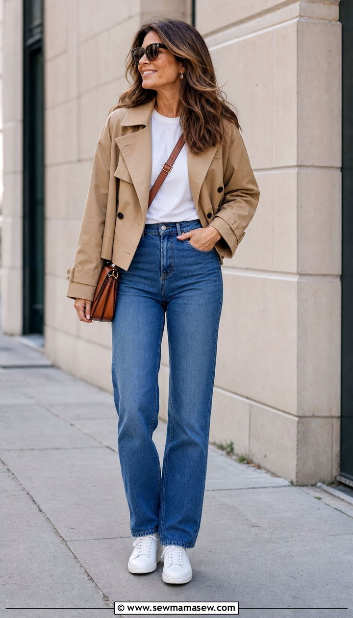 Camel Cropped Trench Coat With Jeans And White Sneakers - 25 cropped trench coat outfits for women over 40