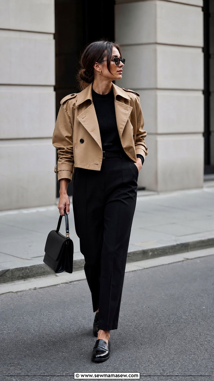 Camel Cropped Trench With All Black Base And Loafers - 30 cropped trench coat outfit ideas for women