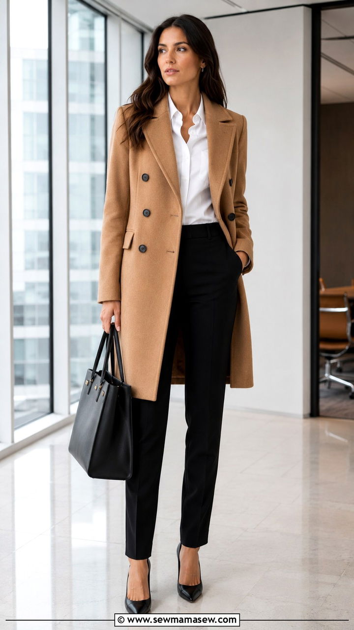 Camel Double Breasted Coat with White Button Down and Tailored Trousers - 30 Double breasted coat outfit ideas