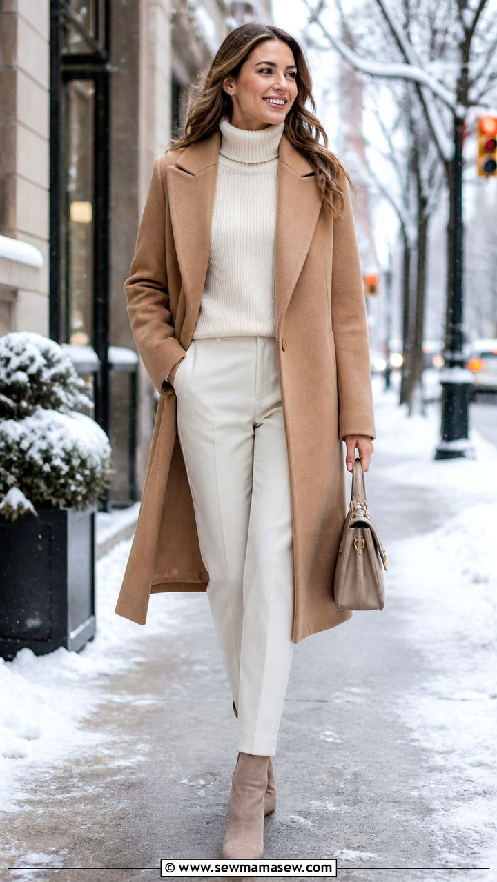 Camel Double Faced Coat with Cream Knit and Trousers - 40 Neutral outfit ideas