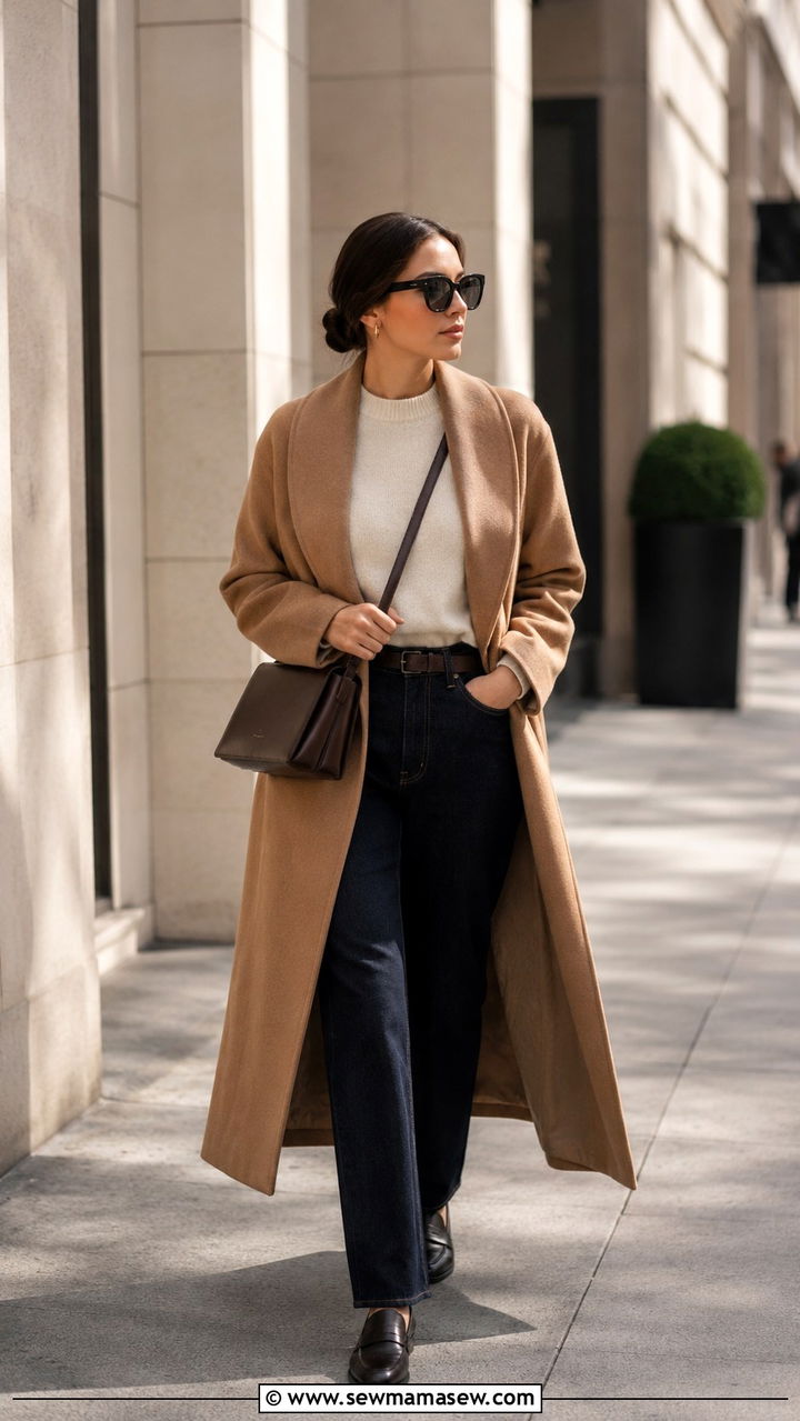 Camel Double Faced Wool Wrap Coat with Straight Leg Jeans and Loafers - 20 Quiet luxury outfit ideas Khaite style