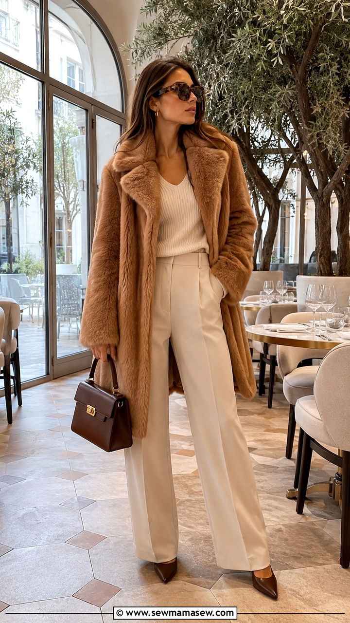 Camel Faux Fur Coat With Cream Knit And Wide Leg Trousers - 30 Mob wife outfits 2026