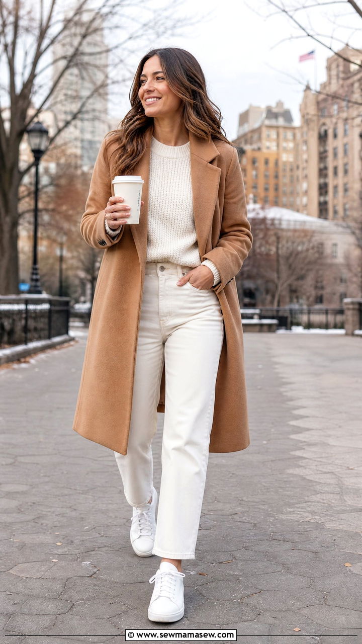 Camel Felt Coat With Straight Leg Jeans - 25 French girl outfit ideas Lily Collins style
