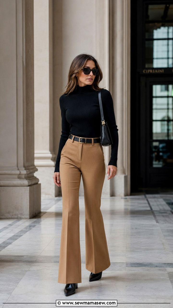 Camel Flared Trousers With Black Turtleneck - 30 Scandi minimalist outfit ideas