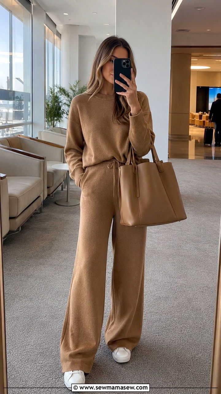 Camel Knit Set Outfit with White Sneakers - 30 Quiet luxury spring outfits