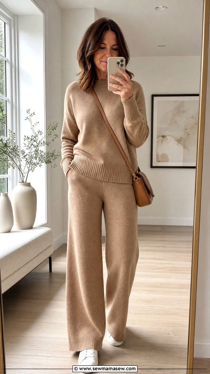 Camel Knit Set With White Sneakers - 30 clean girl outfit ideas for women over 40