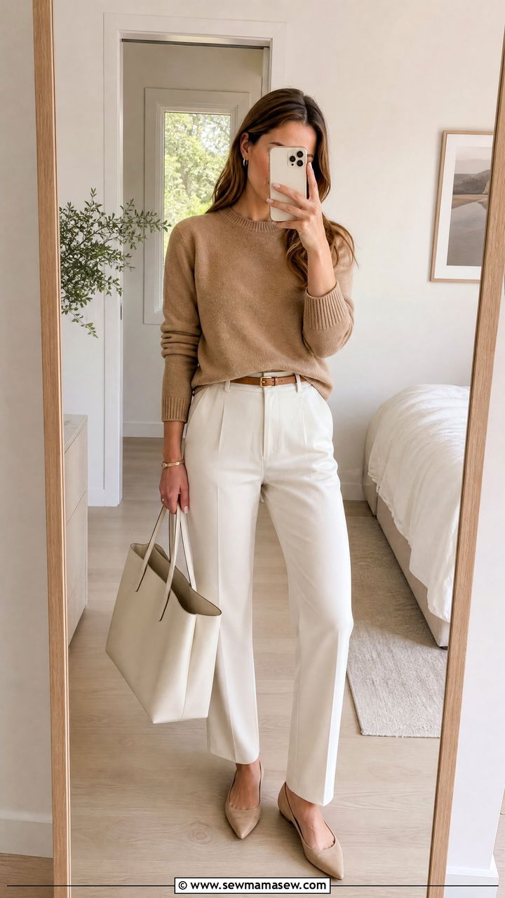 Camel Knit Sweater With Cream Trousers - 35 Minimalist work outfits