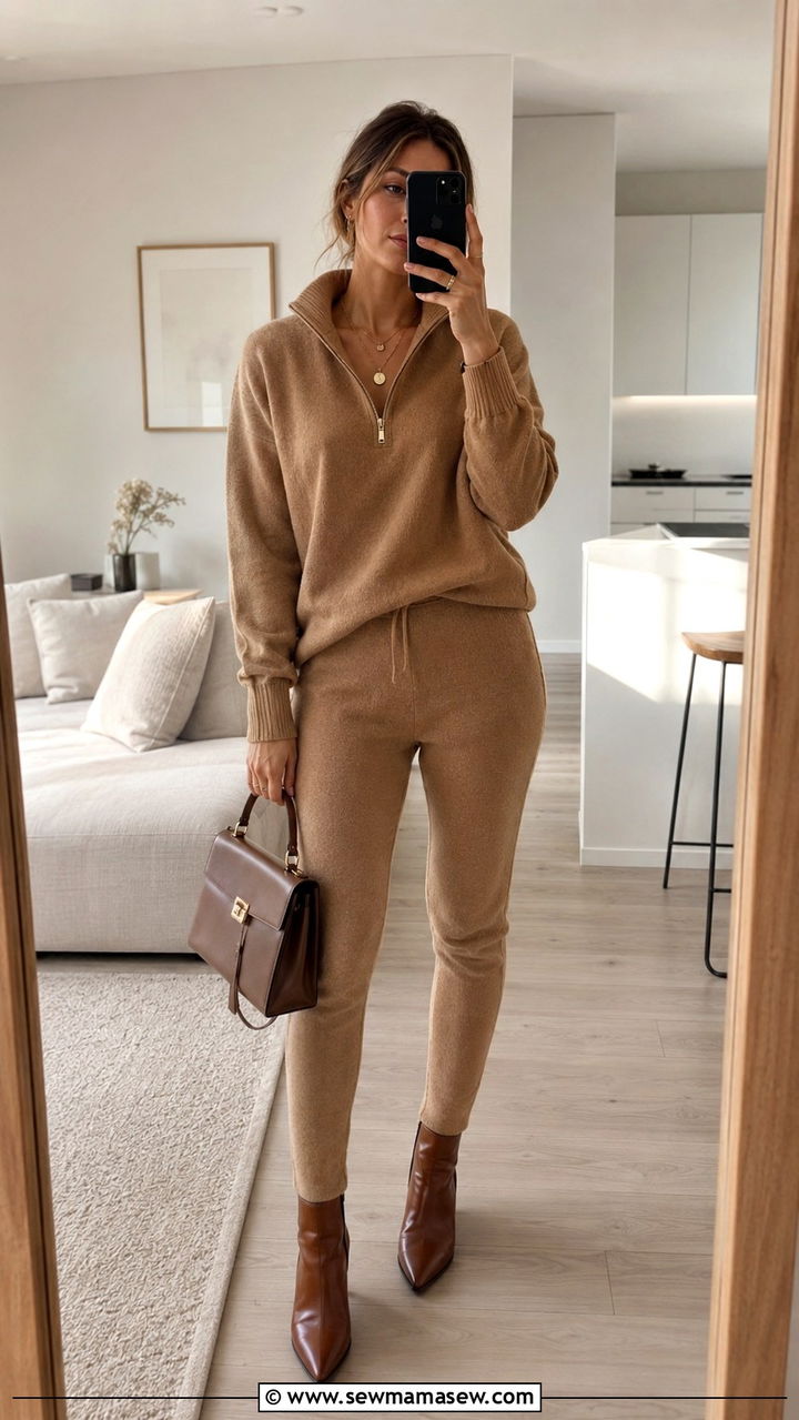 Camel Knit Tracksuit With Ankle Boots - 30 Track suit matching set outfit ideas