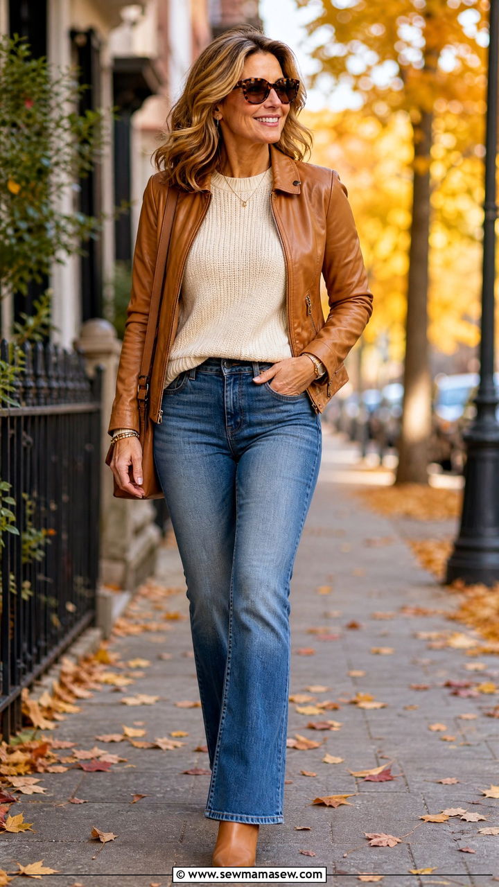 Camel Leather Jacket with Cream Sweater and Denim - 30 leather jacket outfits for women over 40