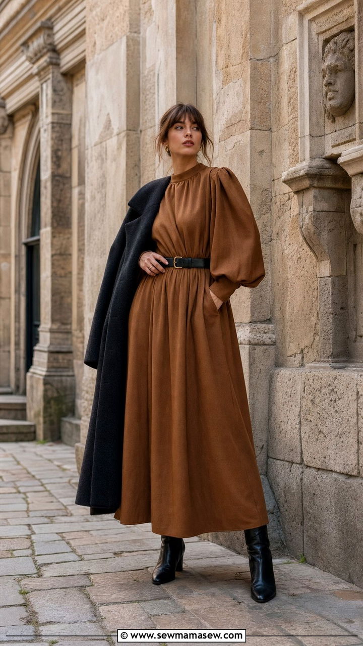 Camel Maxi Dress With Balloon Sleeves - 25 dark academia outfits aesthetic