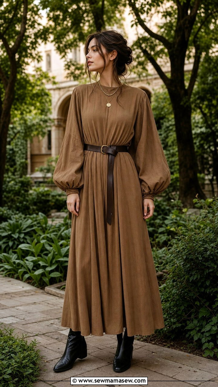 Camel Maxi Dress with Balloon Sleeves and Leather Belt - 25 cute dark academia outfits