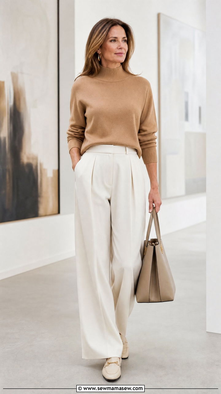 Camel Mock Neck Outfit with White Pleated Trousers and Loafers - 25 light academia outfit ideas for women over 40