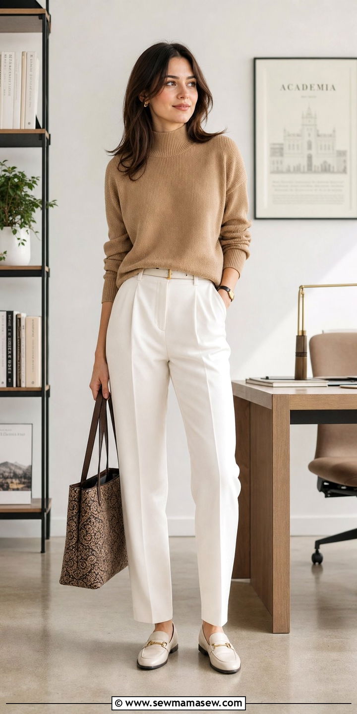 Camel Mock Neck Sweater with White Pleated Trousers and Loafers - 25 classy light academia outfits