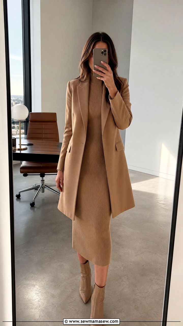 Camel Monochrome Knit Midi Dress and Longline Blazer - 25 CEO outfit ideas for women