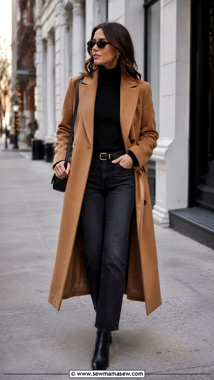 Camel Overcoat Black Turtleneck Dark Straight Leg Jeans - 30 classy 90s outfit ideas