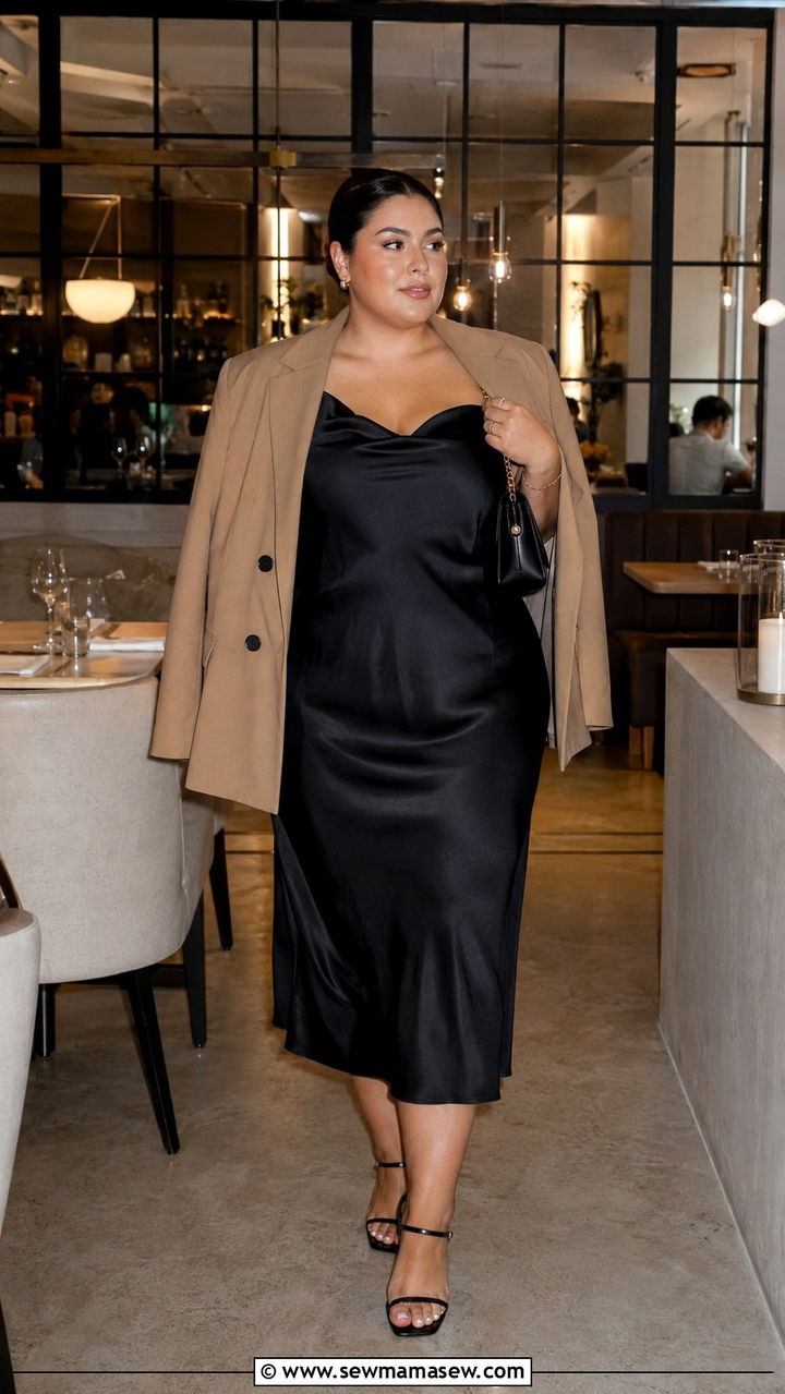 Camel Oversized Blazer With A Black Slip Dress - 30 Plus size outfit ideas with blazer
