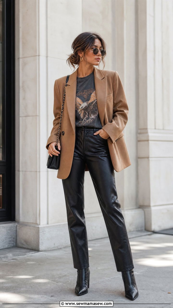 Camel Oversized Blazer With Graphic Tee and Faux Leather Pants - 30 Oversized blazer outfit ideas with a t-shirt