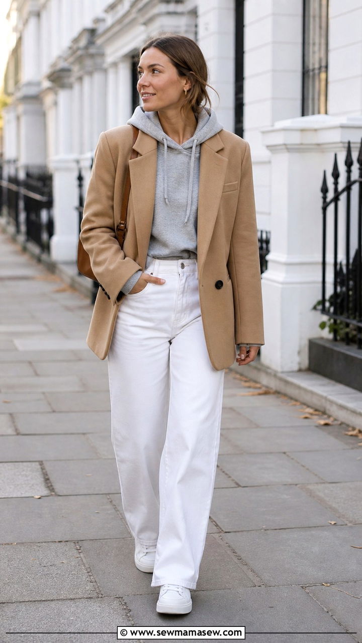 Camel Oversized Blazer With Hoodie And White Wide Leg Jeans - 40 casual blazer outfits