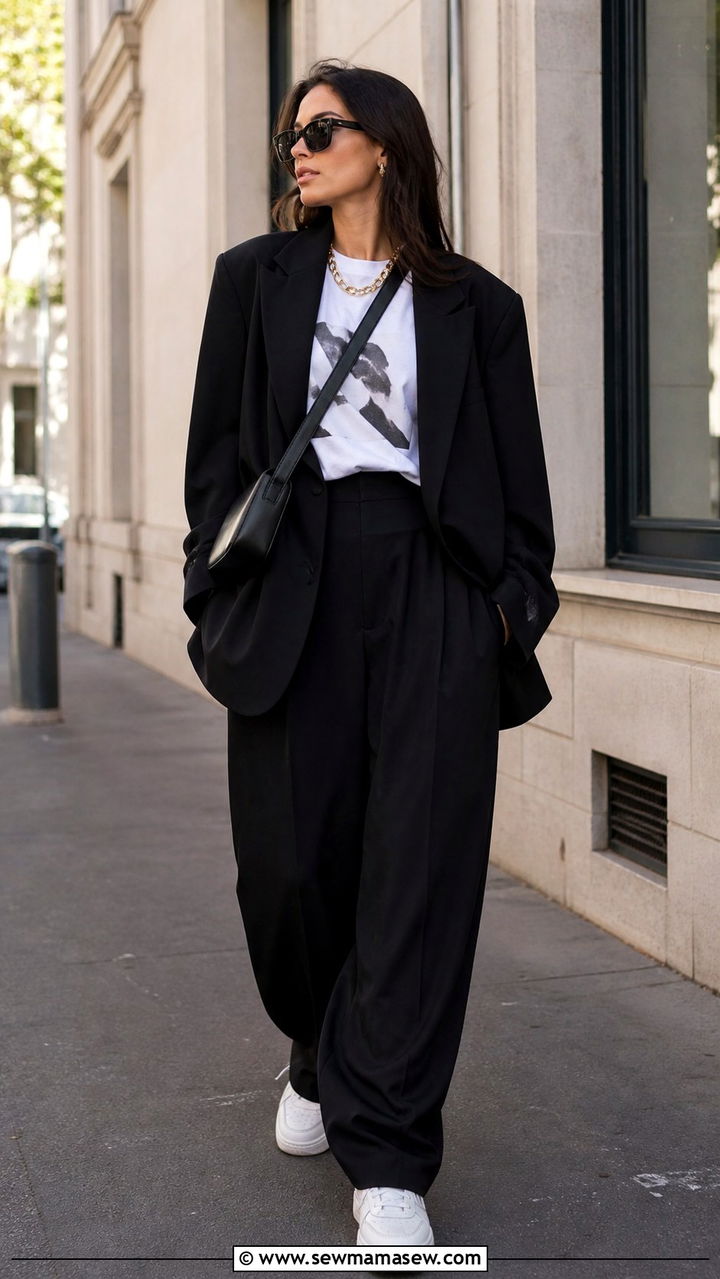 Camel Oversized Blazer With White Silk Blouse And Black Trousers - 40 glamoratti outfits ideas